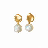 Lena | Matte Gold Disc Fresh Water Baroque Pearl Earrings